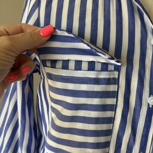 Express women’s blue and White Striped Button-Up Shirt 2 pockets tab sleeves S - Picture 3 of 14